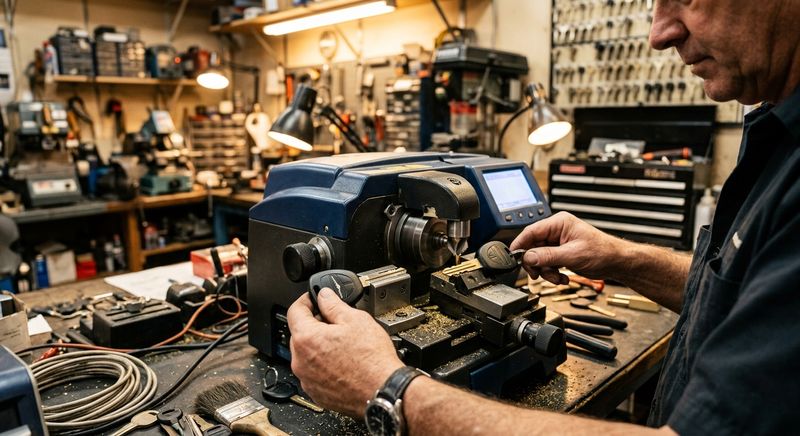 Locksmith programming automotive transponder key at key cutting machine
