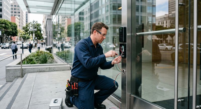 Locksmith installing access control reader on commercial office entrance
