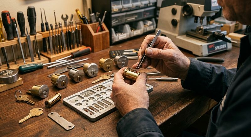 Professional rekeying of residential lock cylinders on workbench