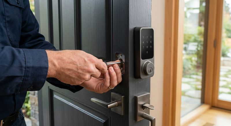 Smart deadbolt installation on modern residential door in Foster City