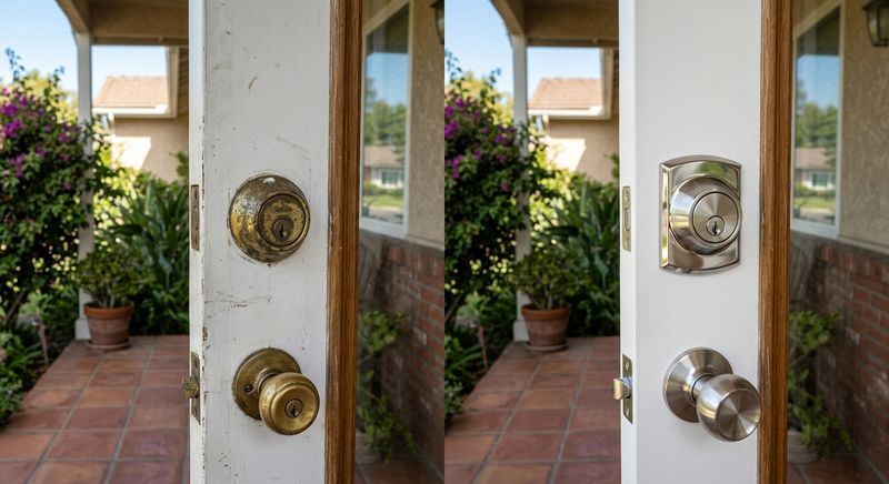 Deadbolt upgrade comparison on a residential front door