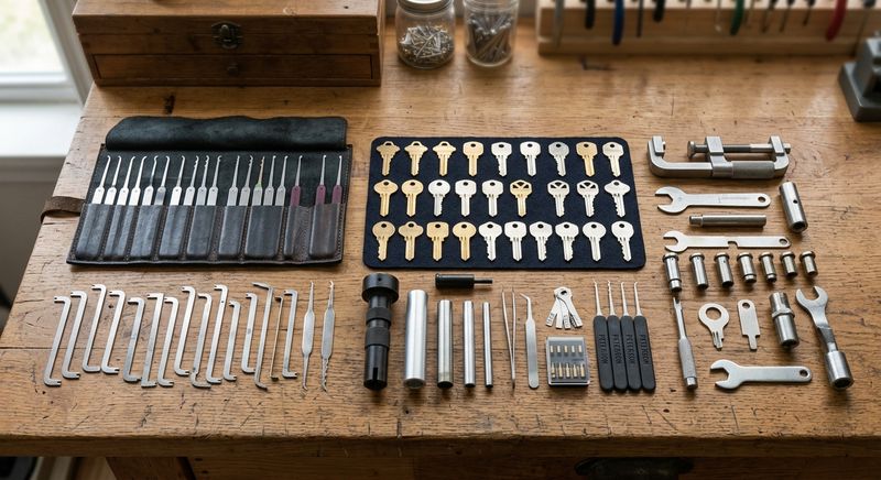 Professional locksmith tools and equipment on a workbench